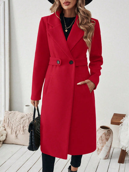 EMERY ROSE Women's Casual Commute Daily Simple Solid Color Lapel Collar Slant Pocket Double-Breasted Long Overcoat, Autumn/Winter Winter Coat Women