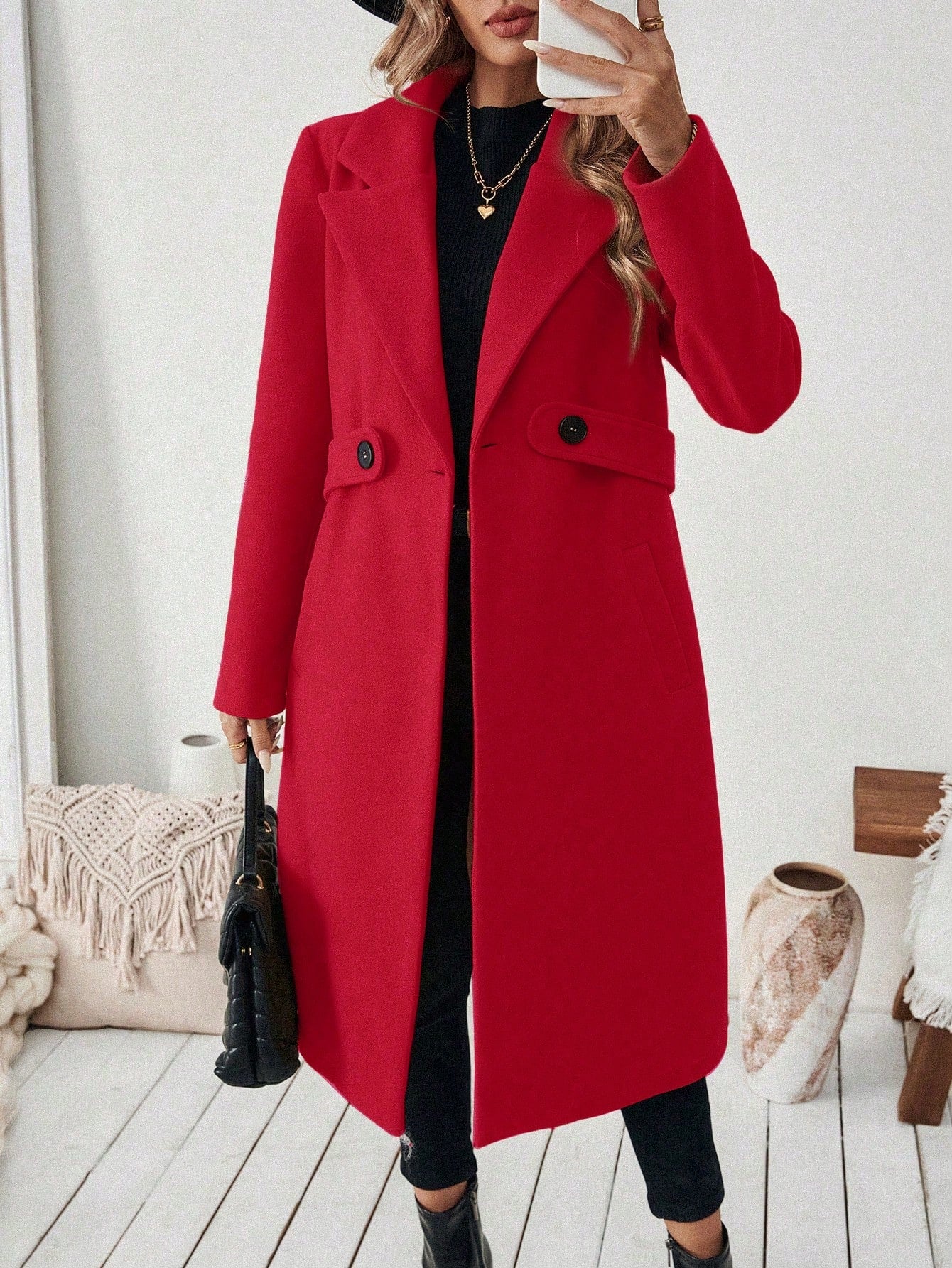 EMERY ROSE Women's Casual Commute Daily Simple Solid Color Lapel Collar Slant Pocket Double-Breasted Long Overcoat, Autumn/Winter Winter Coat Women