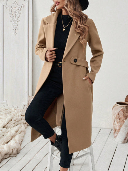 EMERY ROSE Women's Casual Commute Daily Simple Solid Color Lapel Collar Slant Pocket Double-Breasted Long Overcoat, Autumn/Winter Winter Coat Women