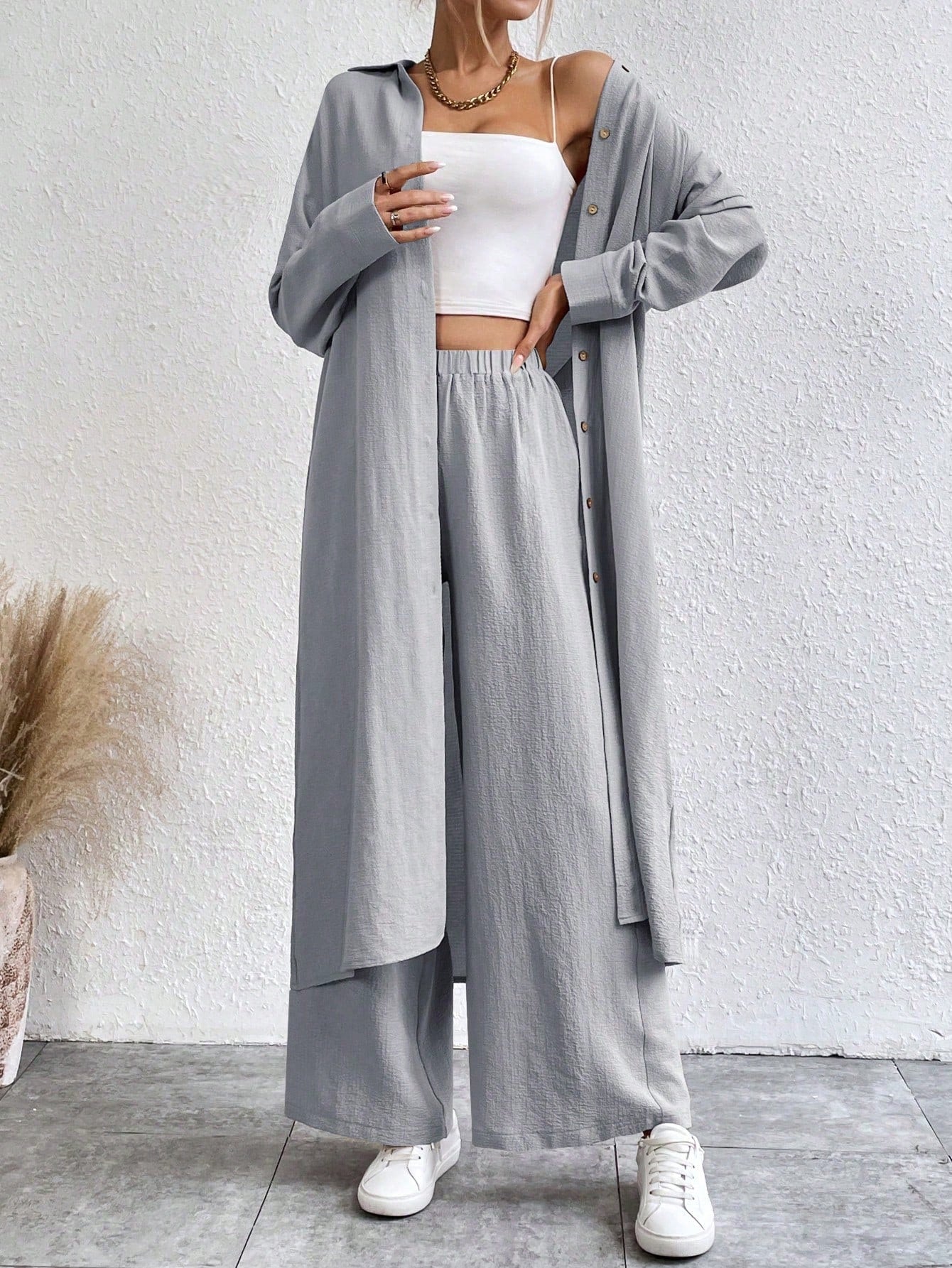 SHEIN LUNE Solid Color Drop Shoulder Long Shirt And Wide Leg Pants Two-Piece Set