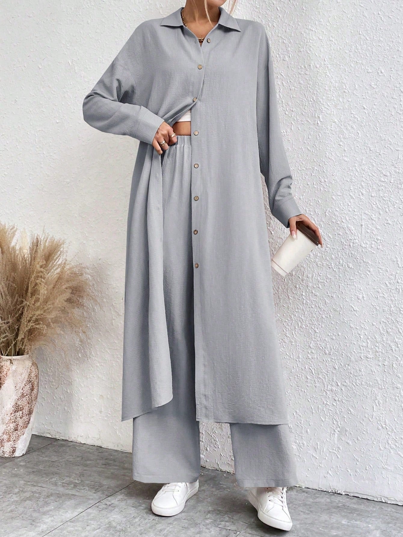 SHEIN LUNE Solid Color Drop Shoulder Long Shirt And Wide Leg Pants Two-Piece Set