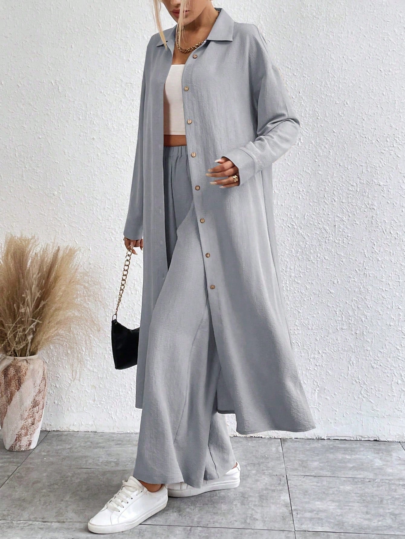 SHEIN LUNE Solid Color Drop Shoulder Long Shirt And Wide Leg Pants Two-Piece Set