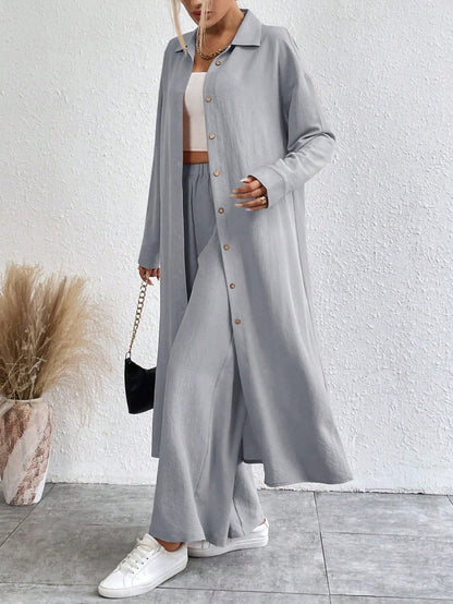 SHEIN LUNE Solid Color Drop Shoulder Long Shirt And Wide Leg Pants Two-Piece Set