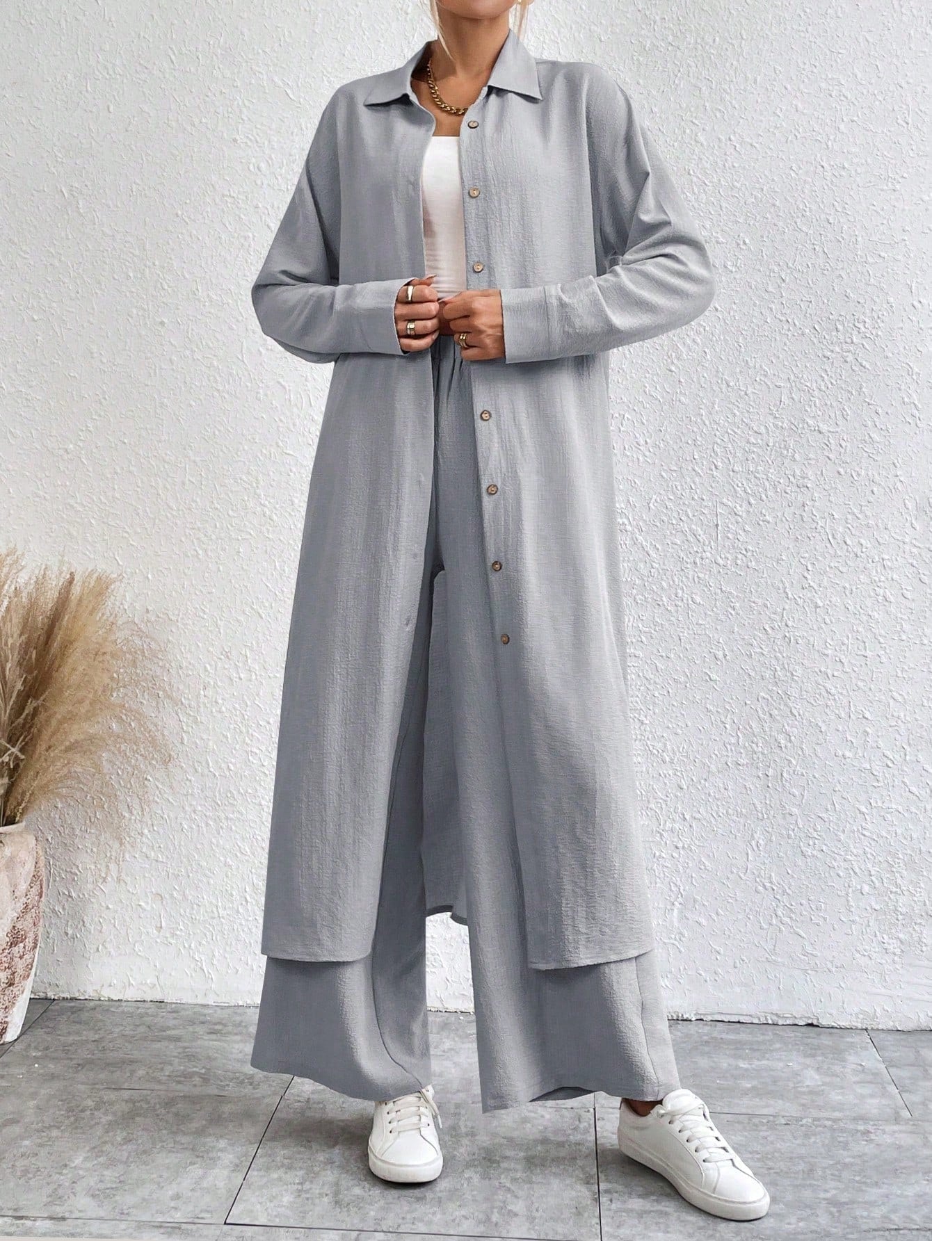 SHEIN LUNE Solid Color Drop Shoulder Long Shirt And Wide Leg Pants Two-Piece Set