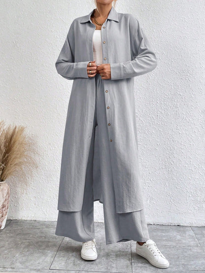 SHEIN LUNE Solid Color Drop Shoulder Long Shirt And Wide Leg Pants Two-Piece Set