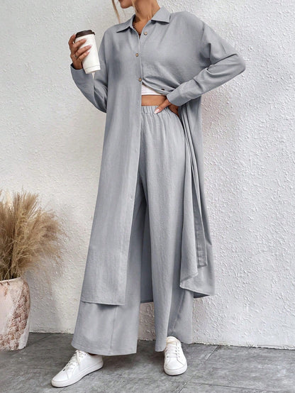 SHEIN LUNE Solid Color Drop Shoulder Long Shirt And Wide Leg Pants Two-Piece Set