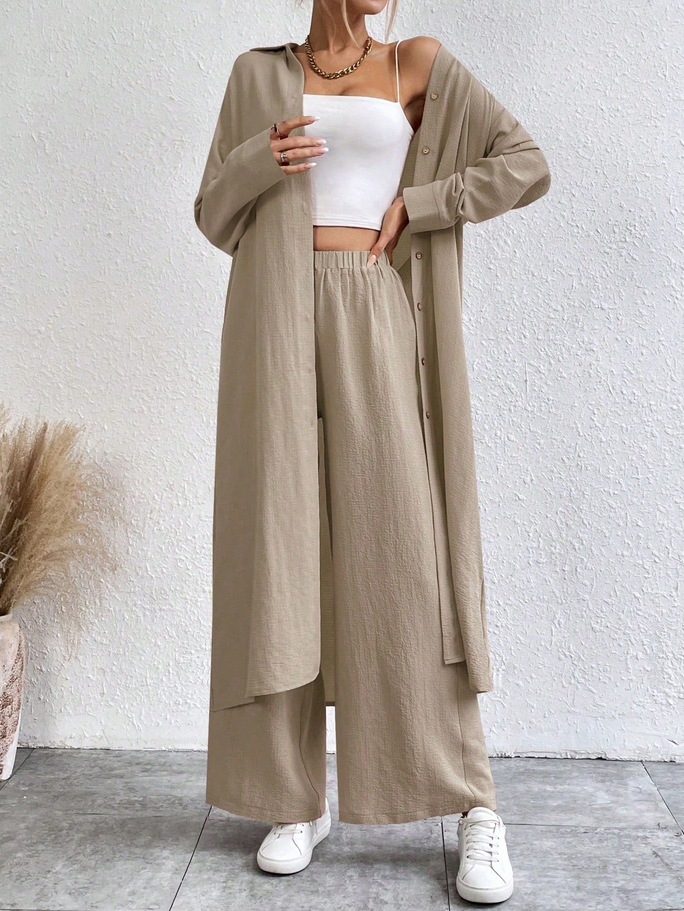 SHEIN LUNE Solid Color Drop Shoulder Long Shirt And Wide Leg Pants Two-Piece Set