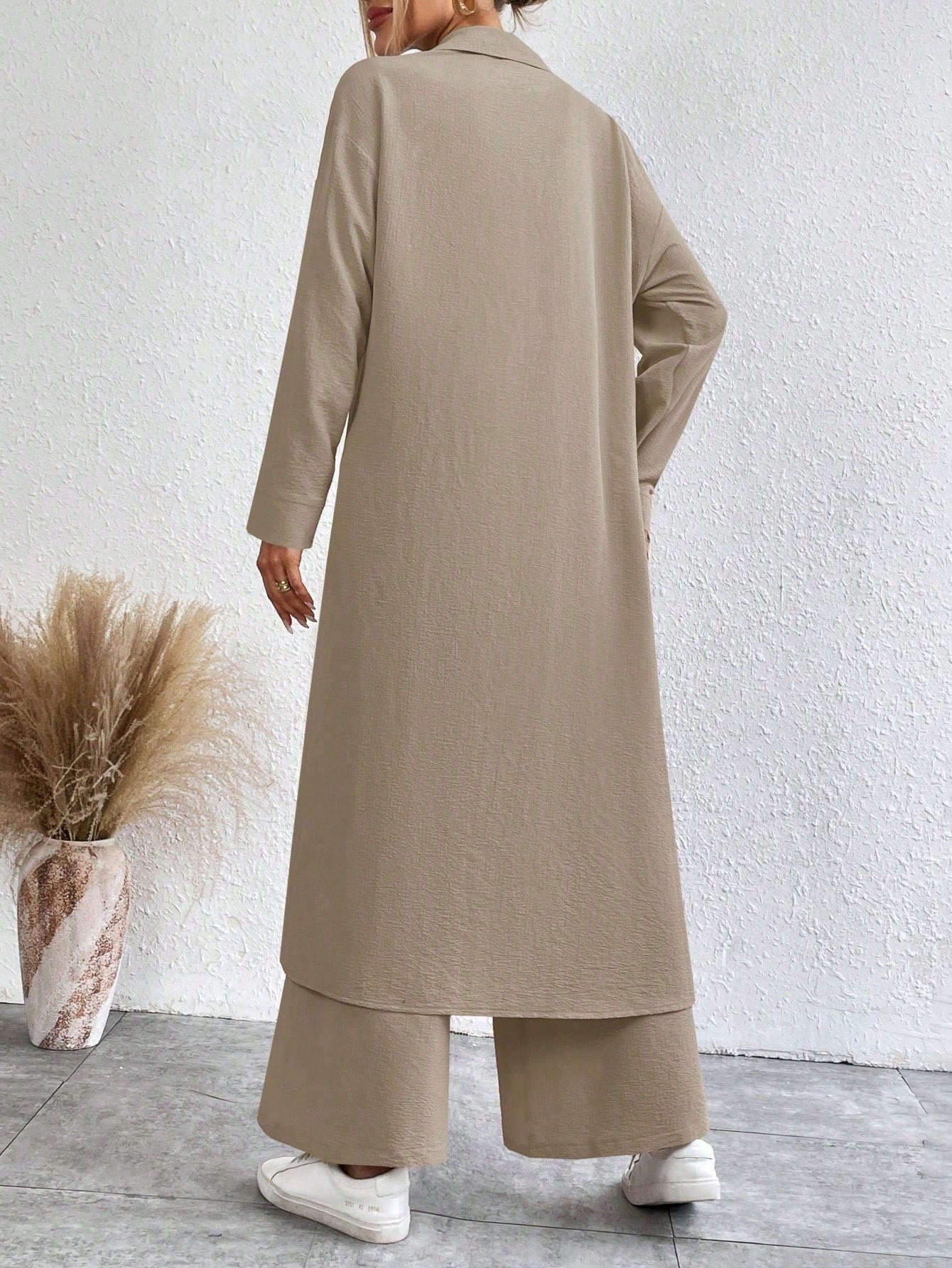 SHEIN LUNE Solid Color Drop Shoulder Long Shirt And Wide Leg Pants Two-Piece Set