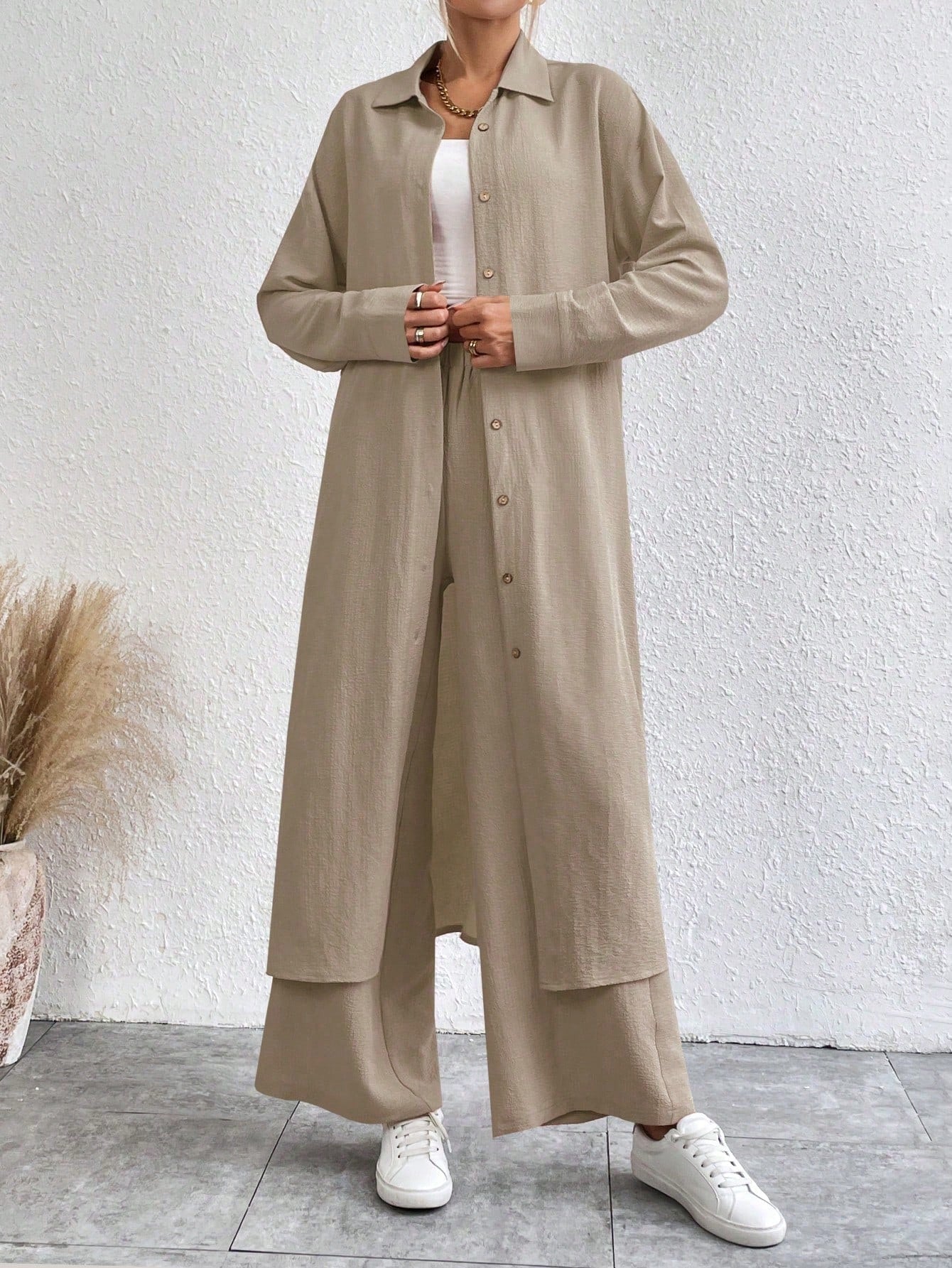 SHEIN LUNE Solid Color Drop Shoulder Long Shirt And Wide Leg Pants Two-Piece Set