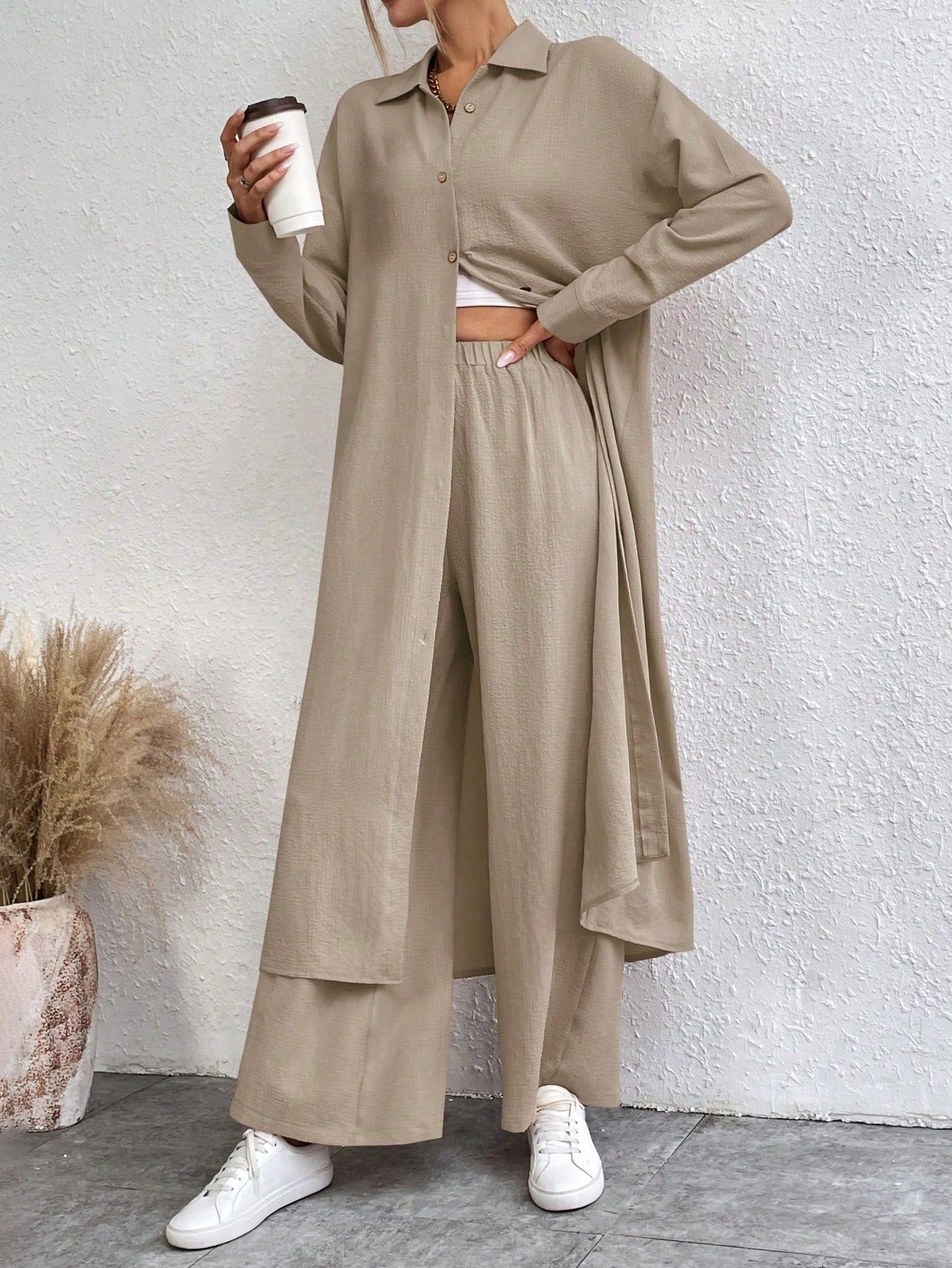 SHEIN LUNE Solid Color Drop Shoulder Long Shirt And Wide Leg Pants Two-Piece Set