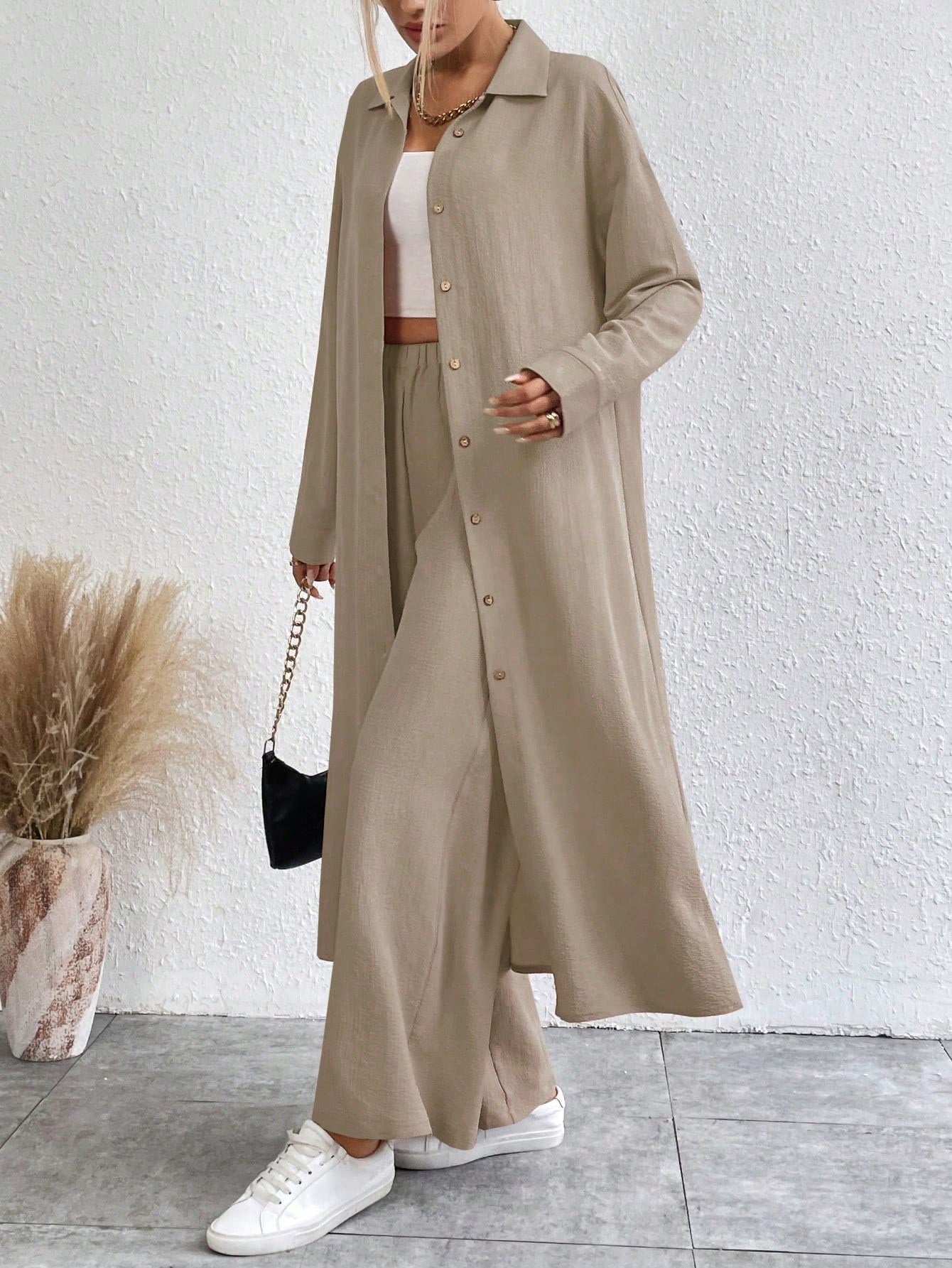 SHEIN LUNE Solid Color Drop Shoulder Long Shirt And Wide Leg Pants Two-Piece Set
