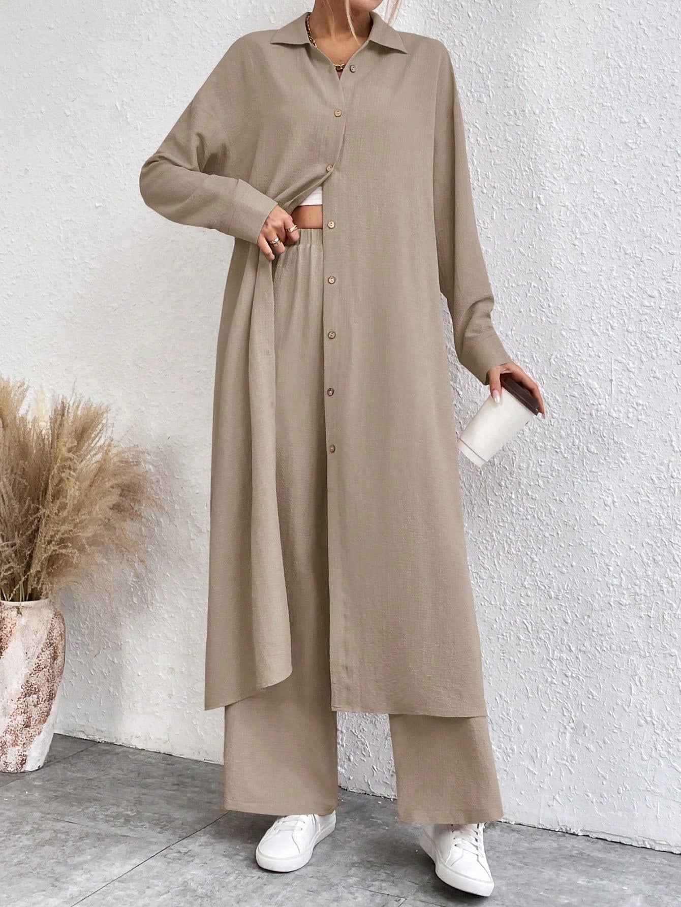 SHEIN LUNE Solid Color Drop Shoulder Long Shirt And Wide Leg Pants Two-Piece Set