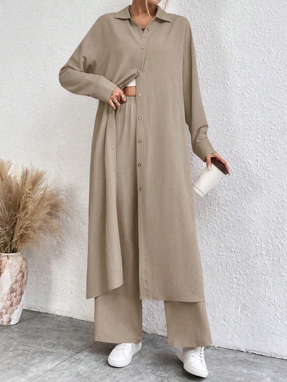SHEIN LUNE Solid Color Drop Shoulder Long Shirt And Wide Leg Pants Two-Piece Set