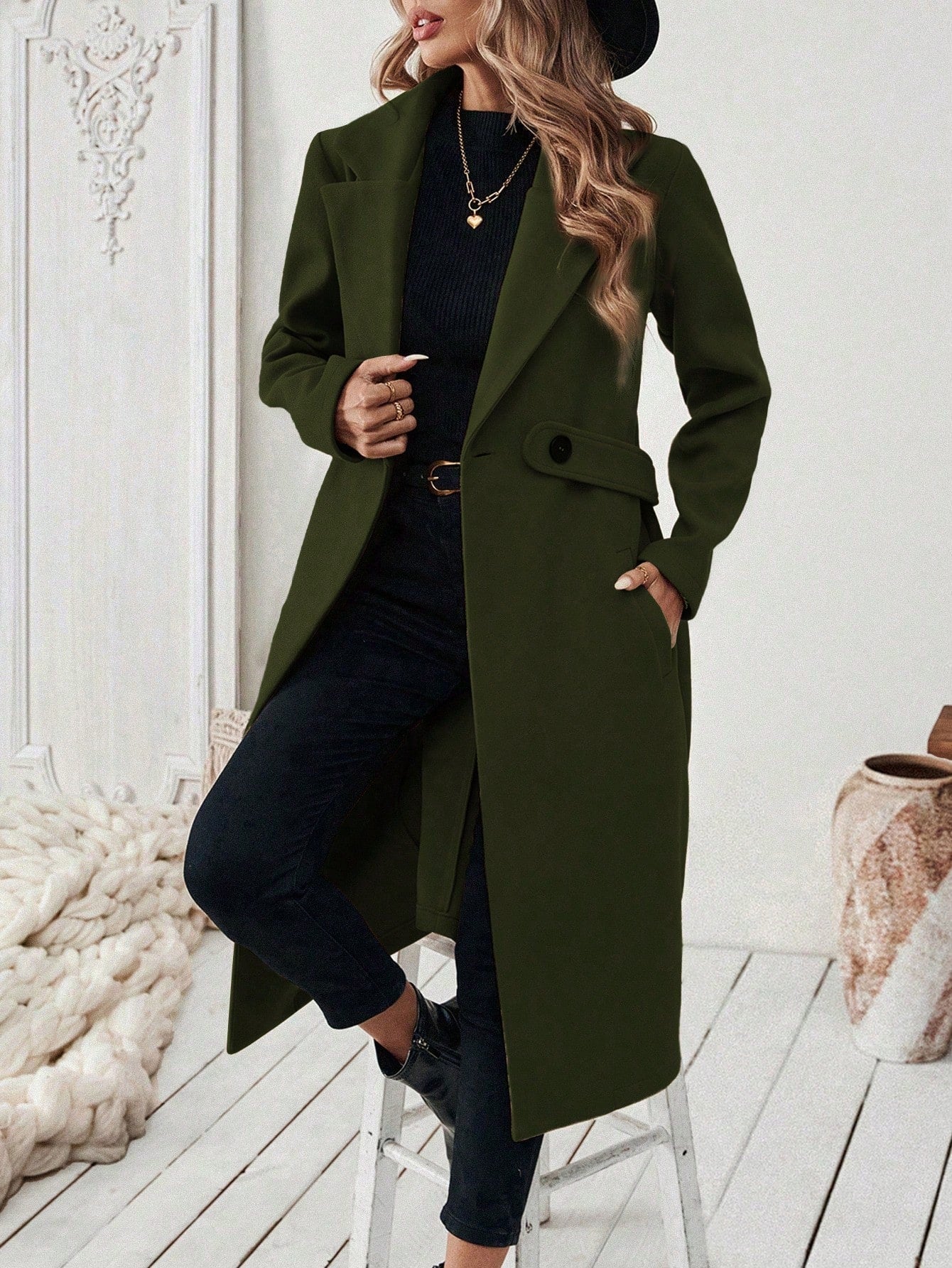 EMERY ROSE Women's Casual Commute Daily Simple Solid Color Lapel Collar Slant Pocket Double-Breasted Long Overcoat, Autumn/Winter Winter Coat Women