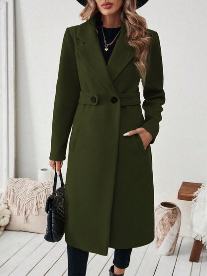 EMERY ROSE Women's Casual Commute Daily Simple Solid Color Lapel Collar Slant Pocket Double-Breasted Long Overcoat, Autumn/Winter Winter Coat Women