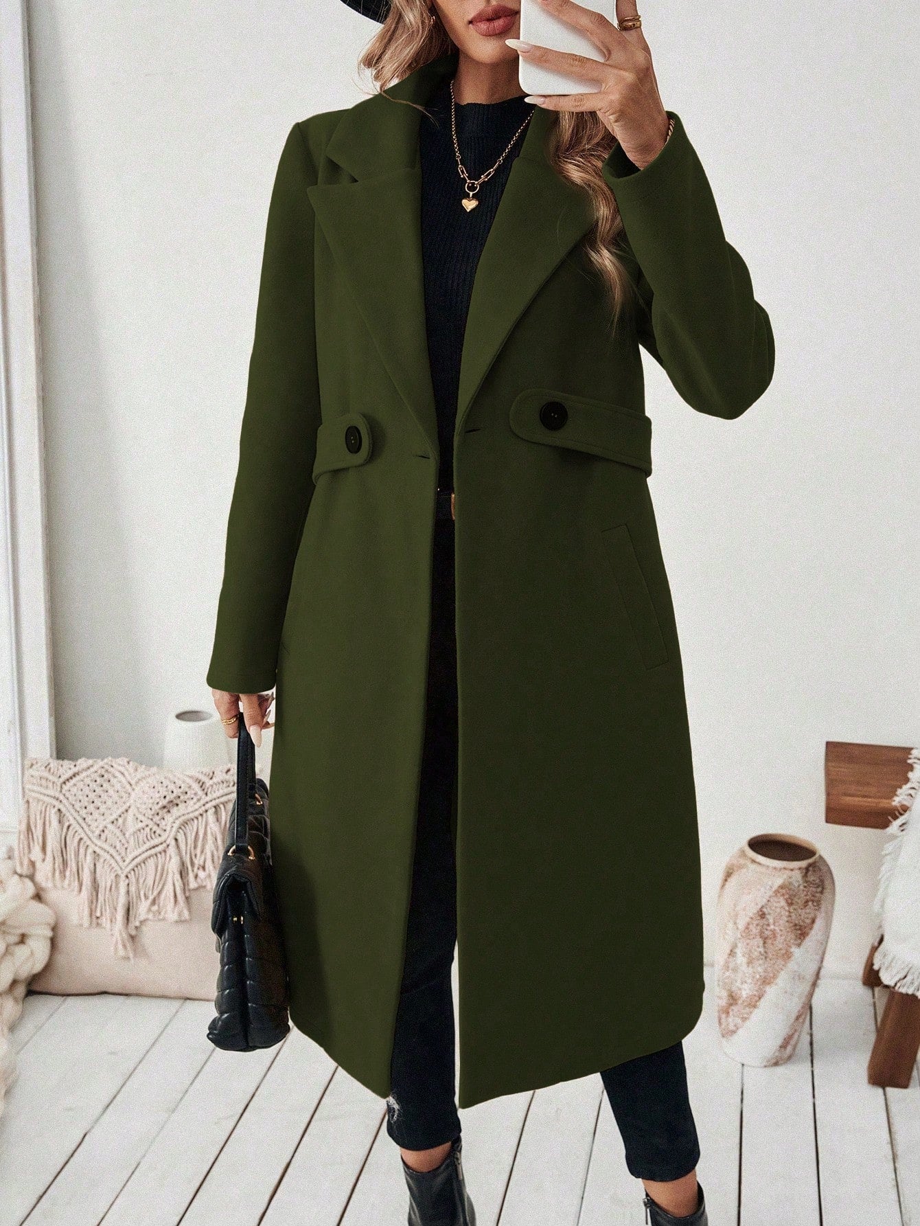 EMERY ROSE Women's Casual Commute Daily Simple Solid Color Lapel Collar Slant Pocket Double-Breasted Long Overcoat, Autumn/Winter Winter Coat Women