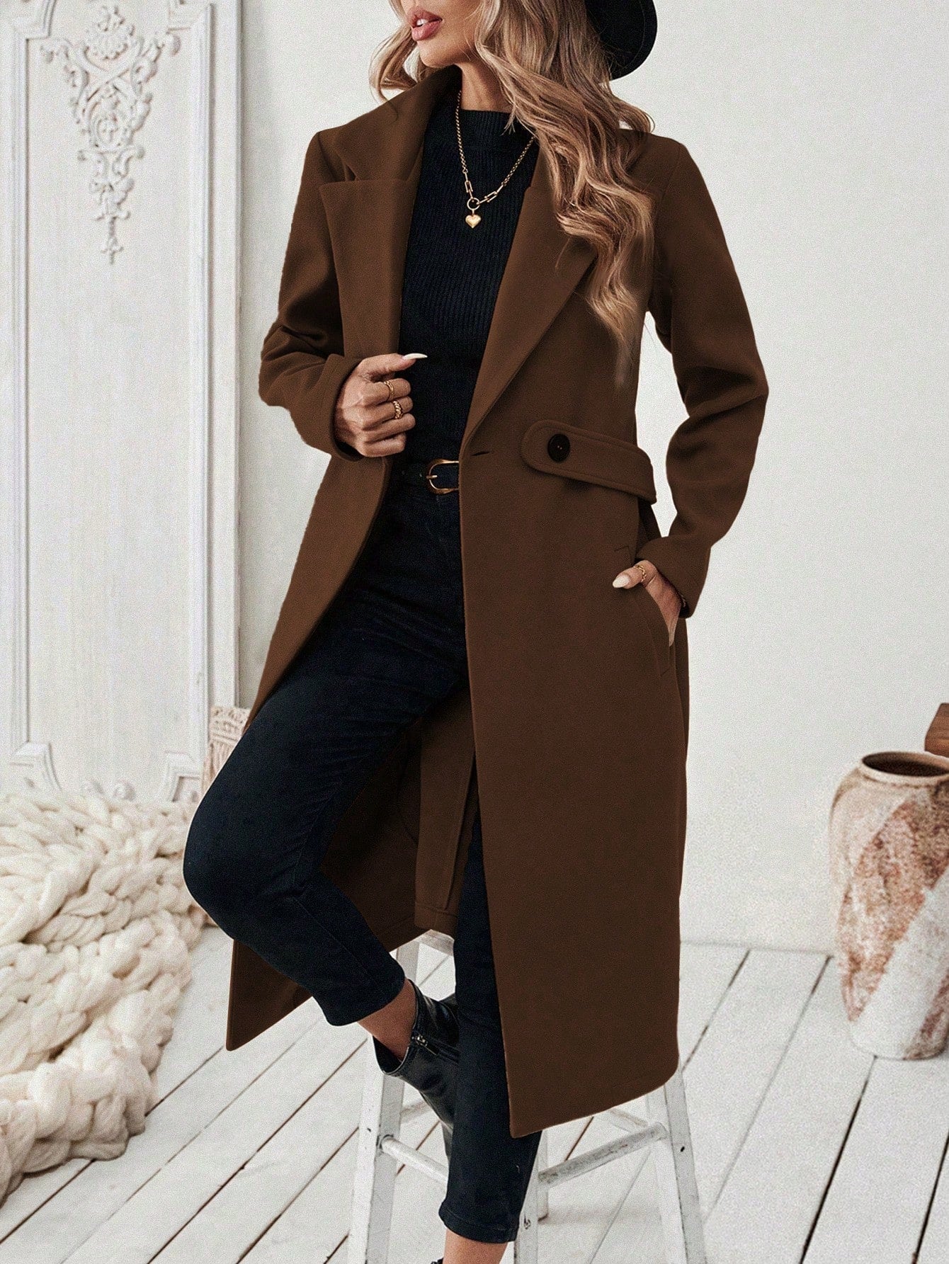 EMERY ROSE Women's Casual Commute Daily Simple Solid Color Lapel Collar Slant Pocket Double-Breasted Long Overcoat, Autumn/Winter Winter Coat Women