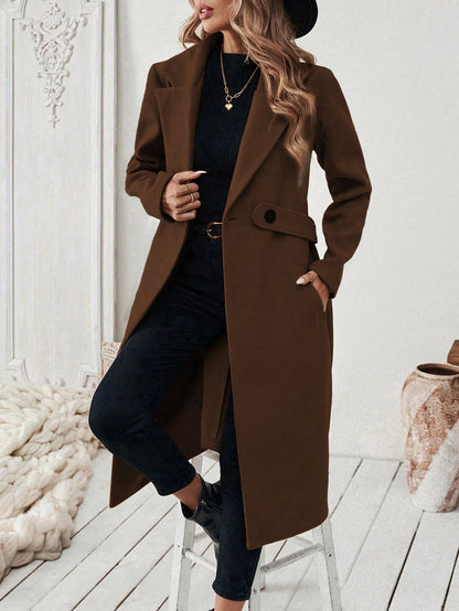 EMERY ROSE Women's Casual Commute Daily Simple Solid Color Lapel Collar Slant Pocket Double-Breasted Long Overcoat, Autumn/Winter Winter Coat Women