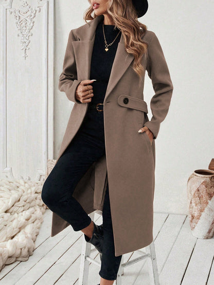 EMERY ROSE Women's Casual Commute Daily Simple Solid Color Lapel Collar Slant Pocket Double-Breasted Long Overcoat, Autumn/Winter Winter Coat Women