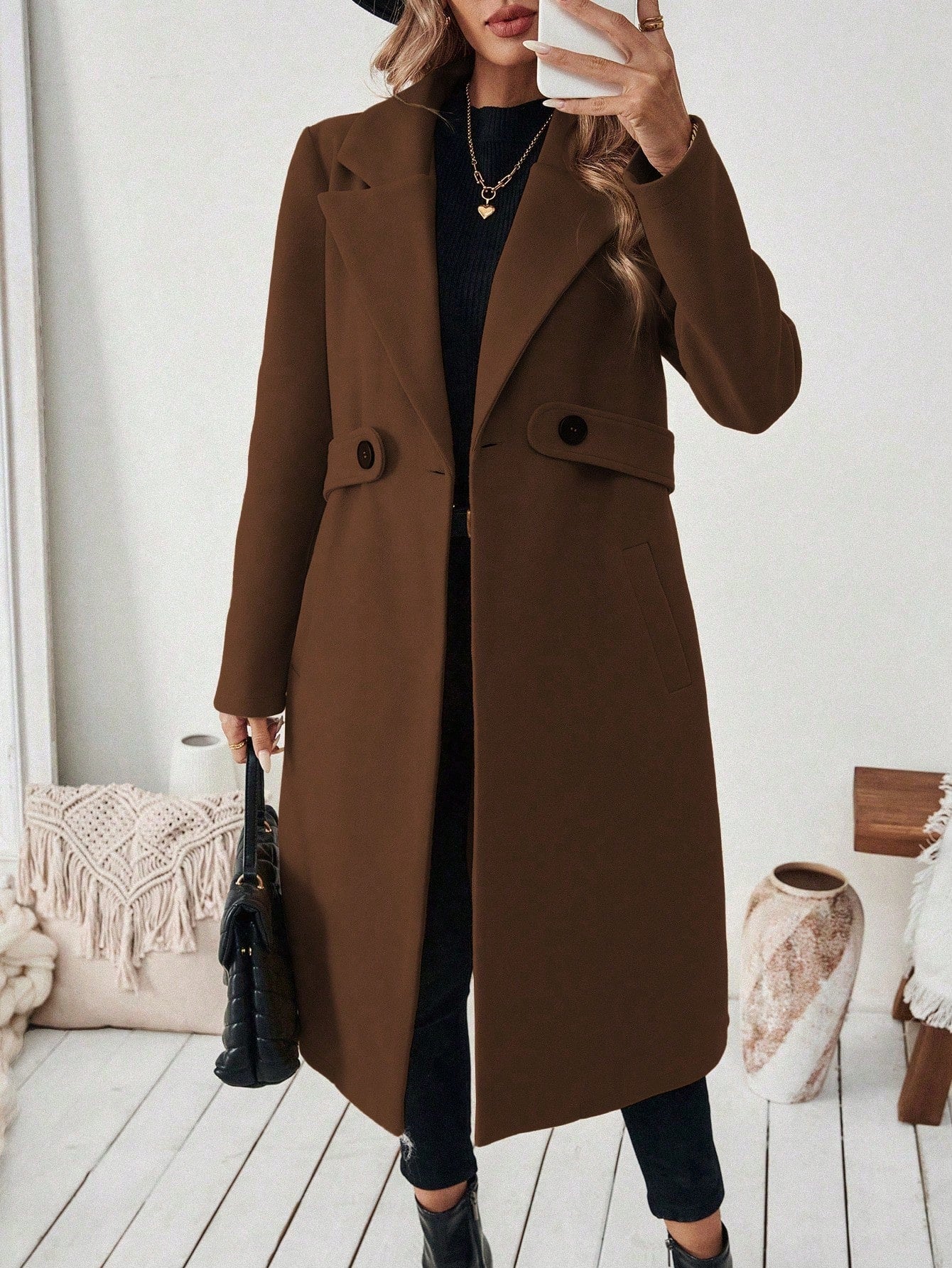 EMERY ROSE Women's Casual Commute Daily Simple Solid Color Lapel Collar Slant Pocket Double-Breasted Long Overcoat, Autumn/Winter Winter Coat Women