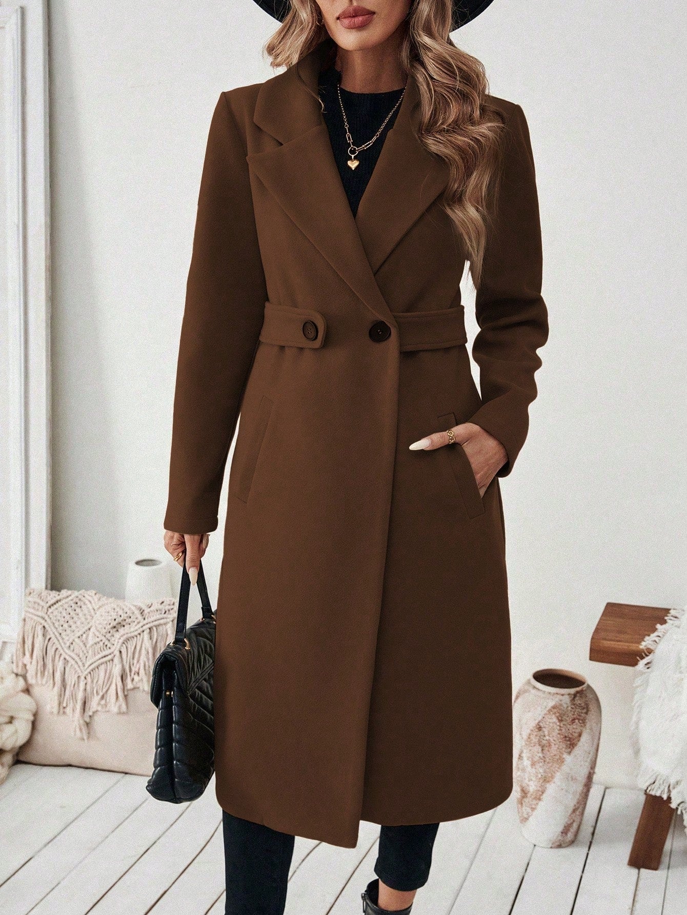 EMERY ROSE Women's Casual Commute Daily Simple Solid Color Lapel Collar Slant Pocket Double-Breasted Long Overcoat, Autumn/Winter Winter Coat Women