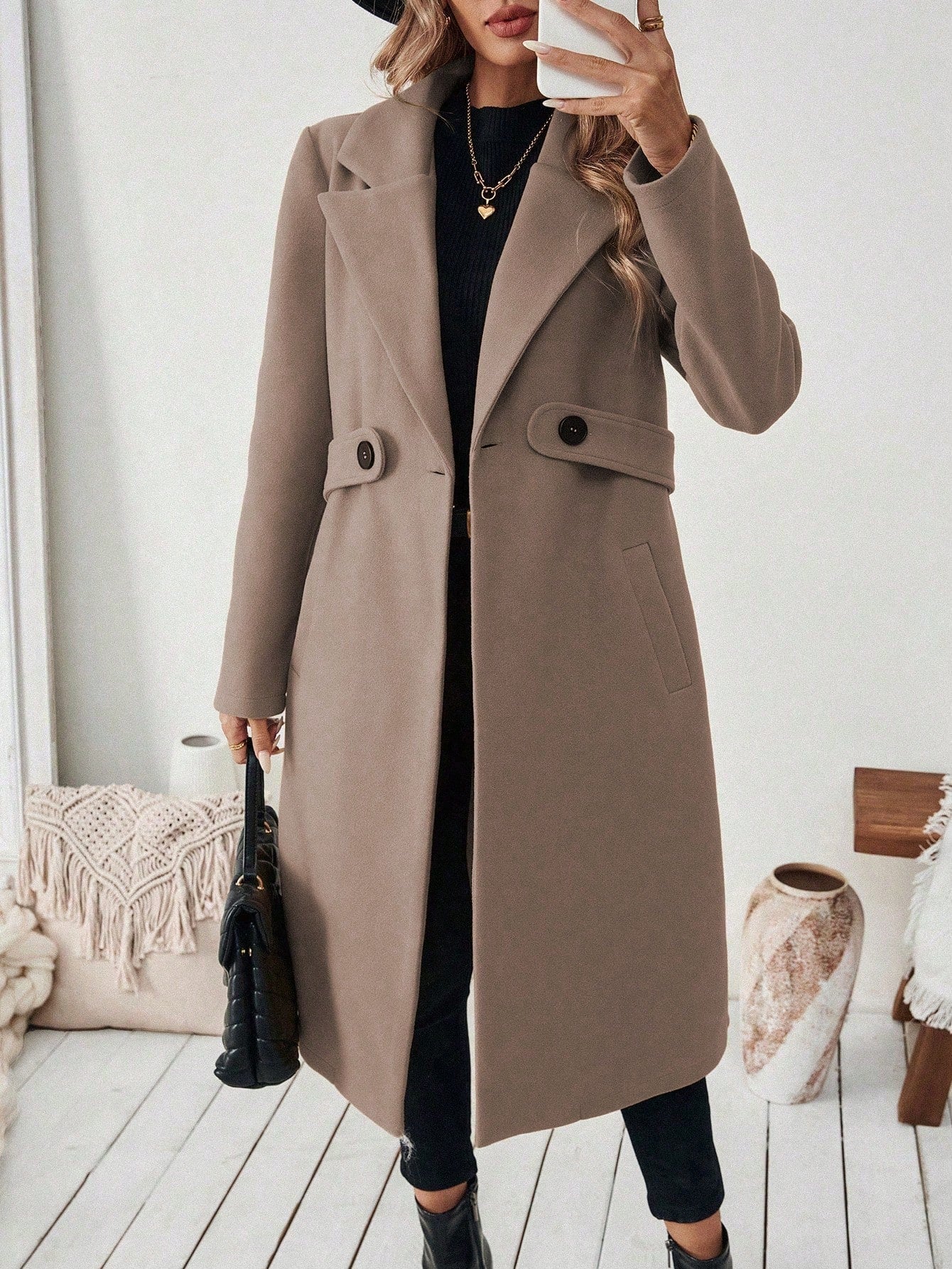 EMERY ROSE Women's Casual Commute Daily Simple Solid Color Lapel Collar Slant Pocket Double-Breasted Long Overcoat, Autumn/Winter Winter Coat Women