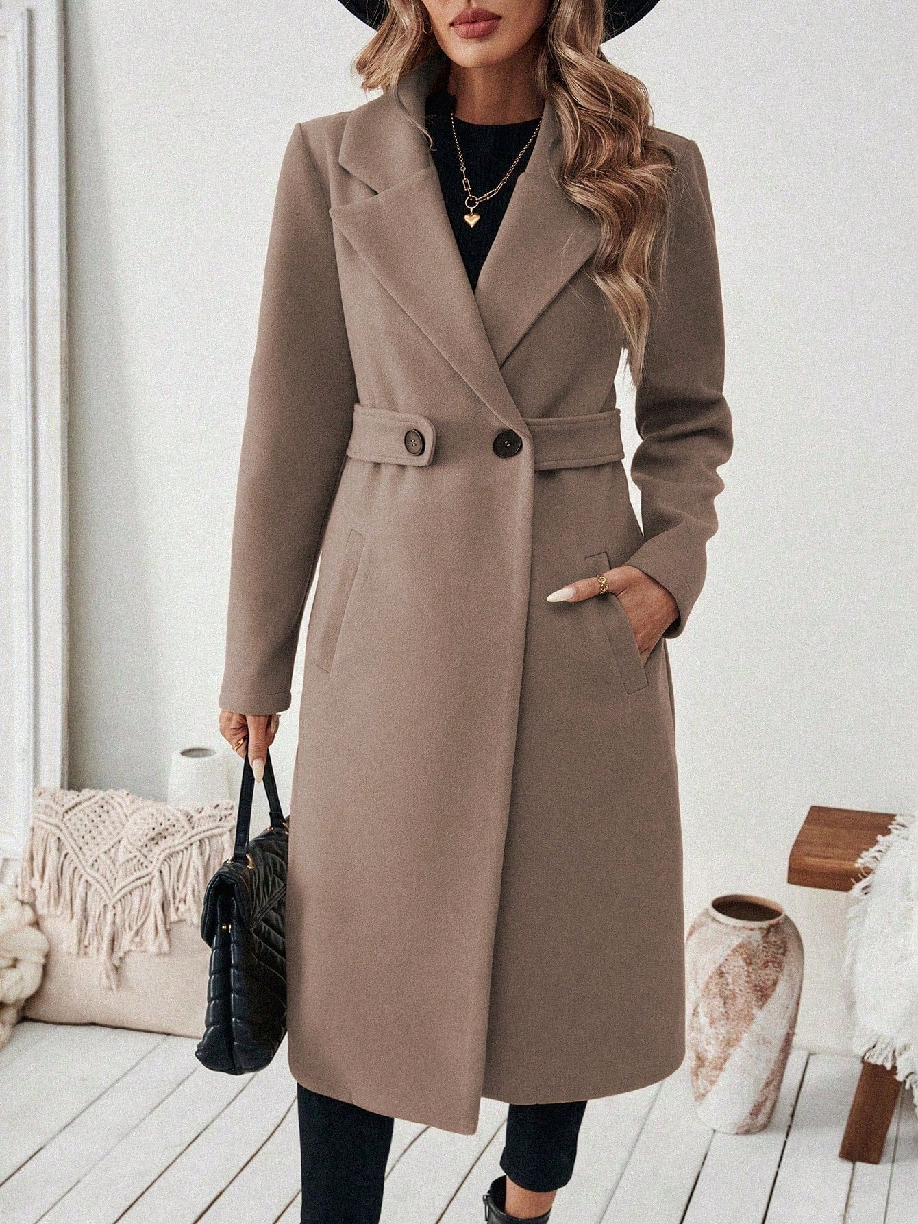 EMERY ROSE Women's Casual Commute Daily Simple Solid Color Lapel Collar Slant Pocket Double-Breasted Long Overcoat, Autumn/Winter Winter Coat Women