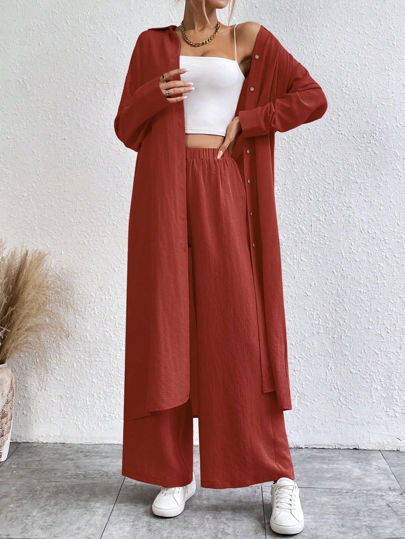SHEIN LUNE Solid Color Drop Shoulder Long Shirt And Wide Leg Pants Two-Piece Set