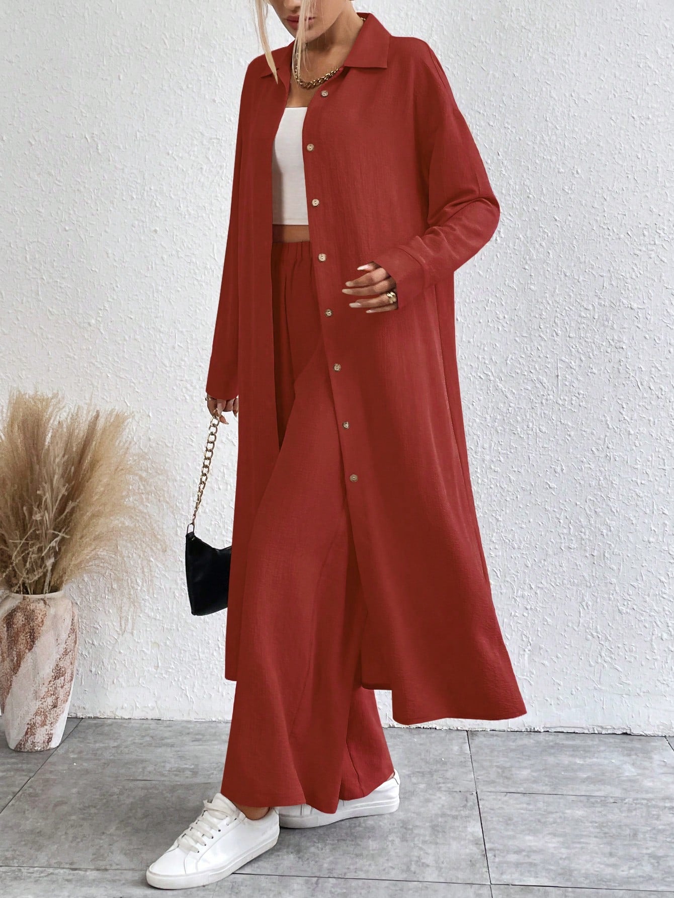 SHEIN LUNE Solid Color Drop Shoulder Long Shirt And Wide Leg Pants Two-Piece Set