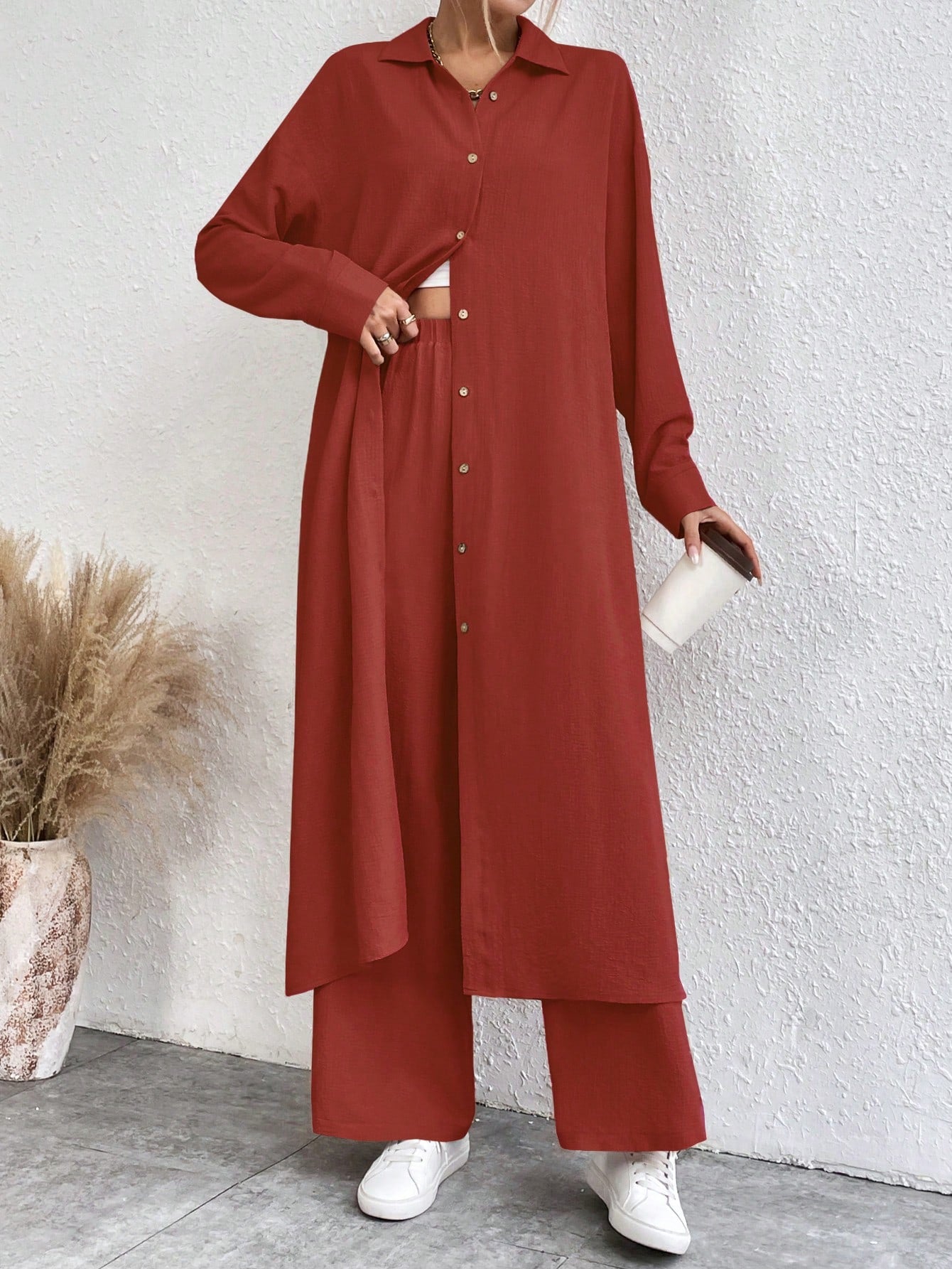 SHEIN LUNE Solid Color Drop Shoulder Long Shirt And Wide Leg Pants Two-Piece Set