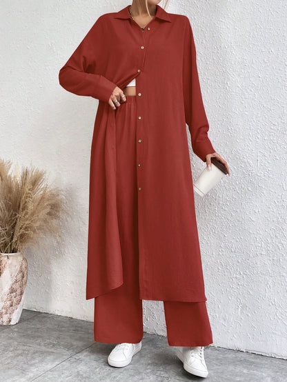 SHEIN LUNE Solid Color Drop Shoulder Long Shirt And Wide Leg Pants Two-Piece Set
