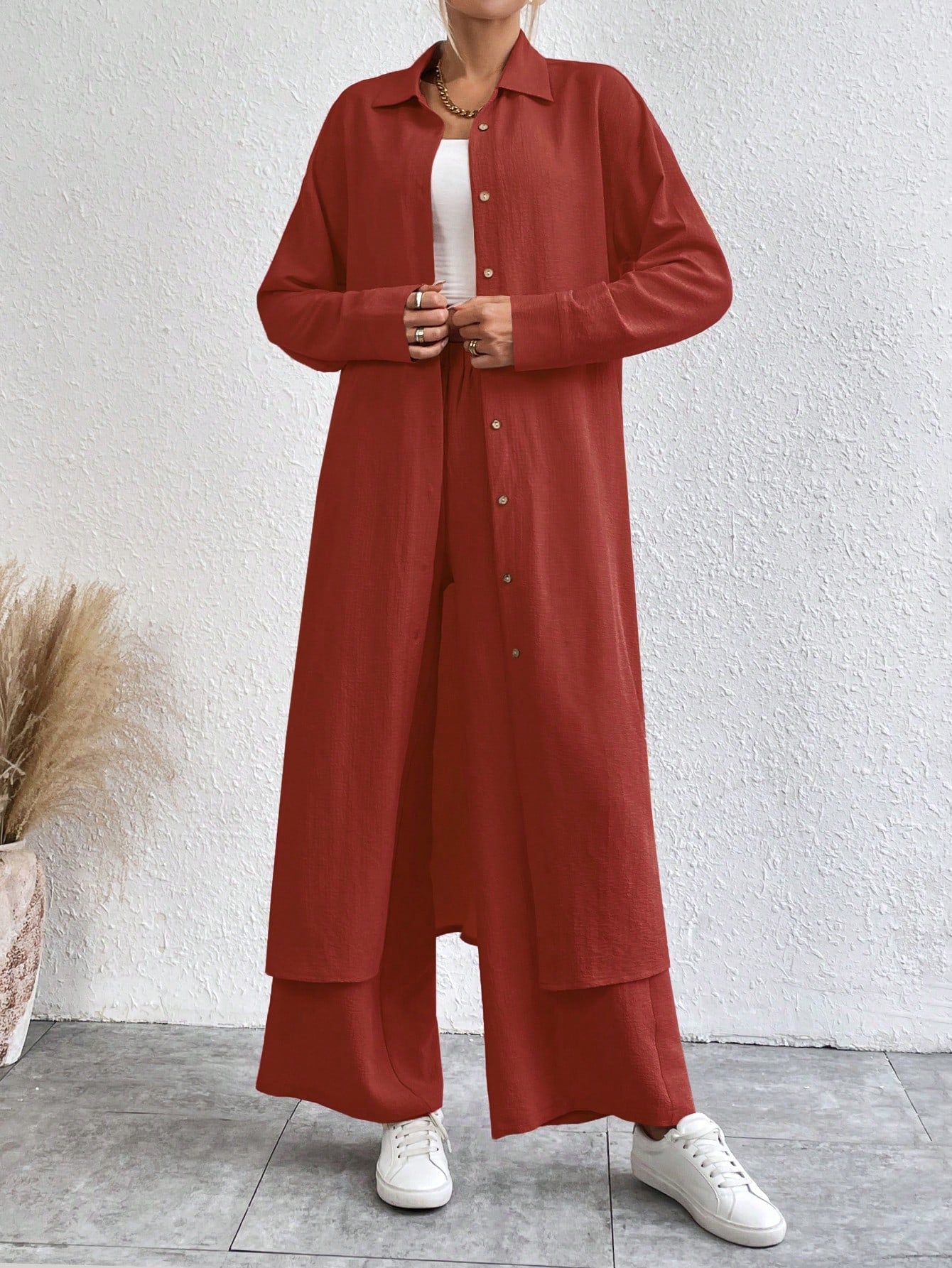 SHEIN LUNE Solid Color Drop Shoulder Long Shirt And Wide Leg Pants Two-Piece Set