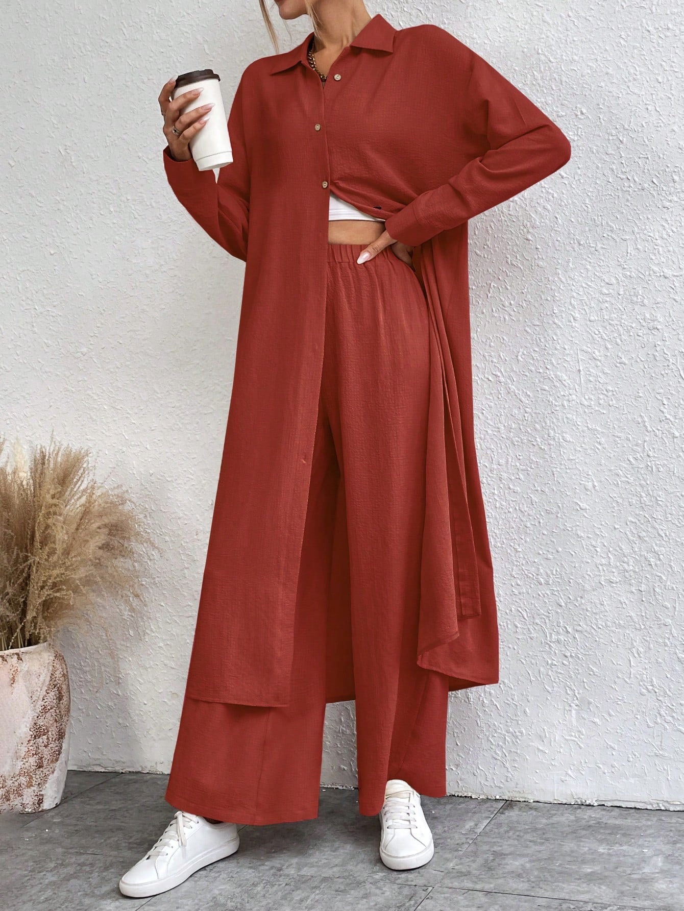 SHEIN LUNE Solid Color Drop Shoulder Long Shirt And Wide Leg Pants Two-Piece Set