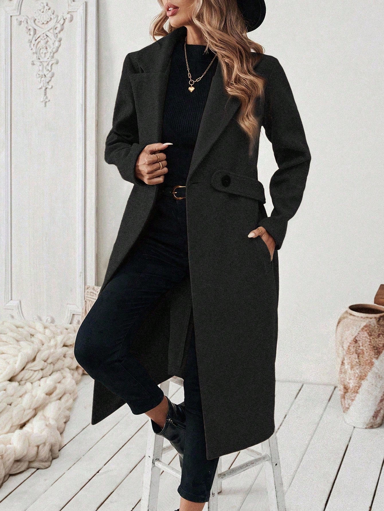 EMERY ROSE Women's Casual Commute Daily Simple Solid Color Lapel Collar Slant Pocket Double-Breasted Long Overcoat, Autumn/Winter Winter Coat Women