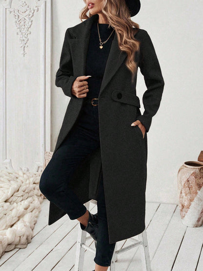 EMERY ROSE Women's Casual Commute Daily Simple Solid Color Lapel Collar Slant Pocket Double-Breasted Long Overcoat, Autumn/Winter Winter Coat Women