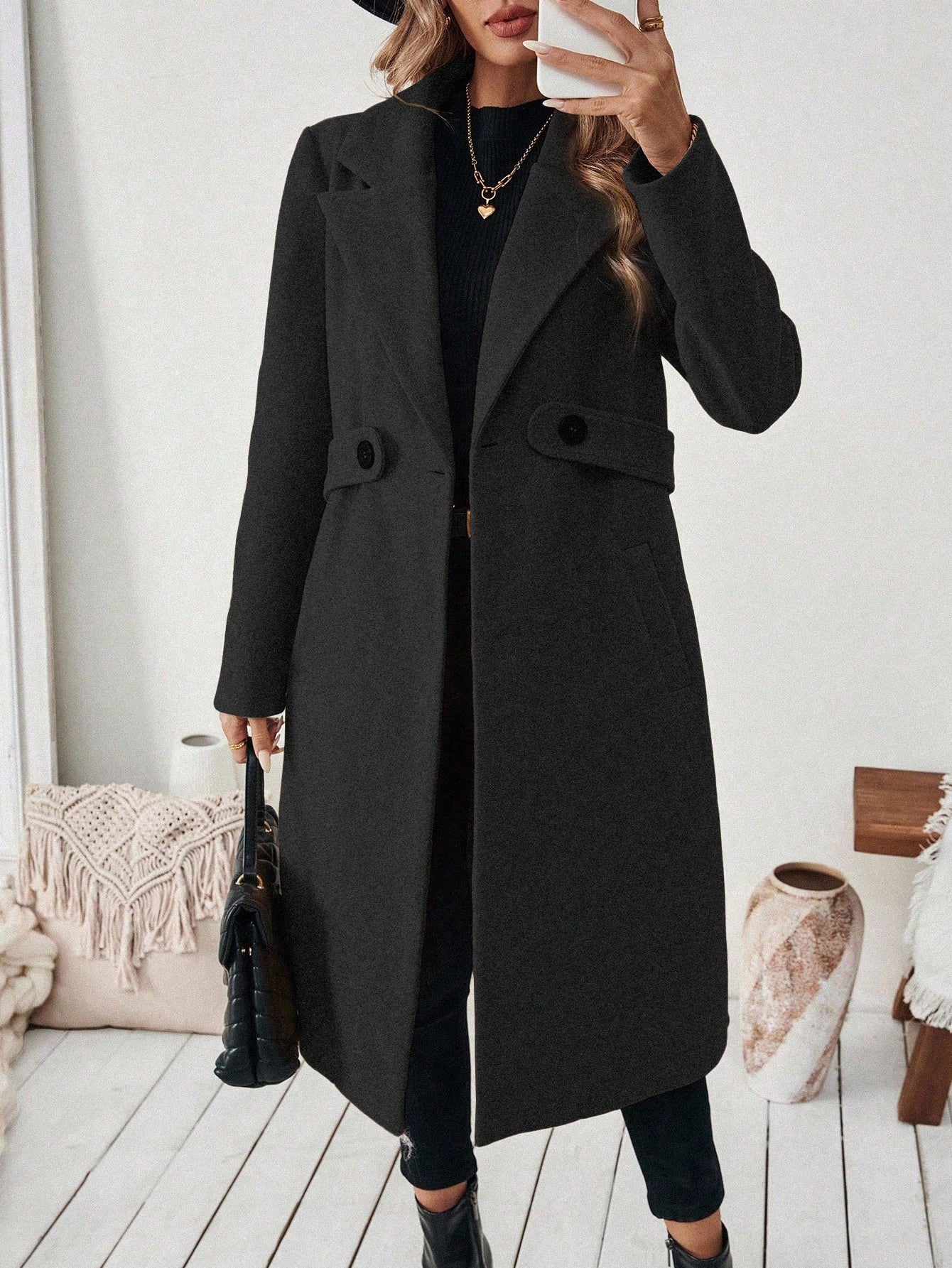 EMERY ROSE Women's Casual Commute Daily Simple Solid Color Lapel Collar Slant Pocket Double-Breasted Long Overcoat, Autumn/Winter Winter Coat Women