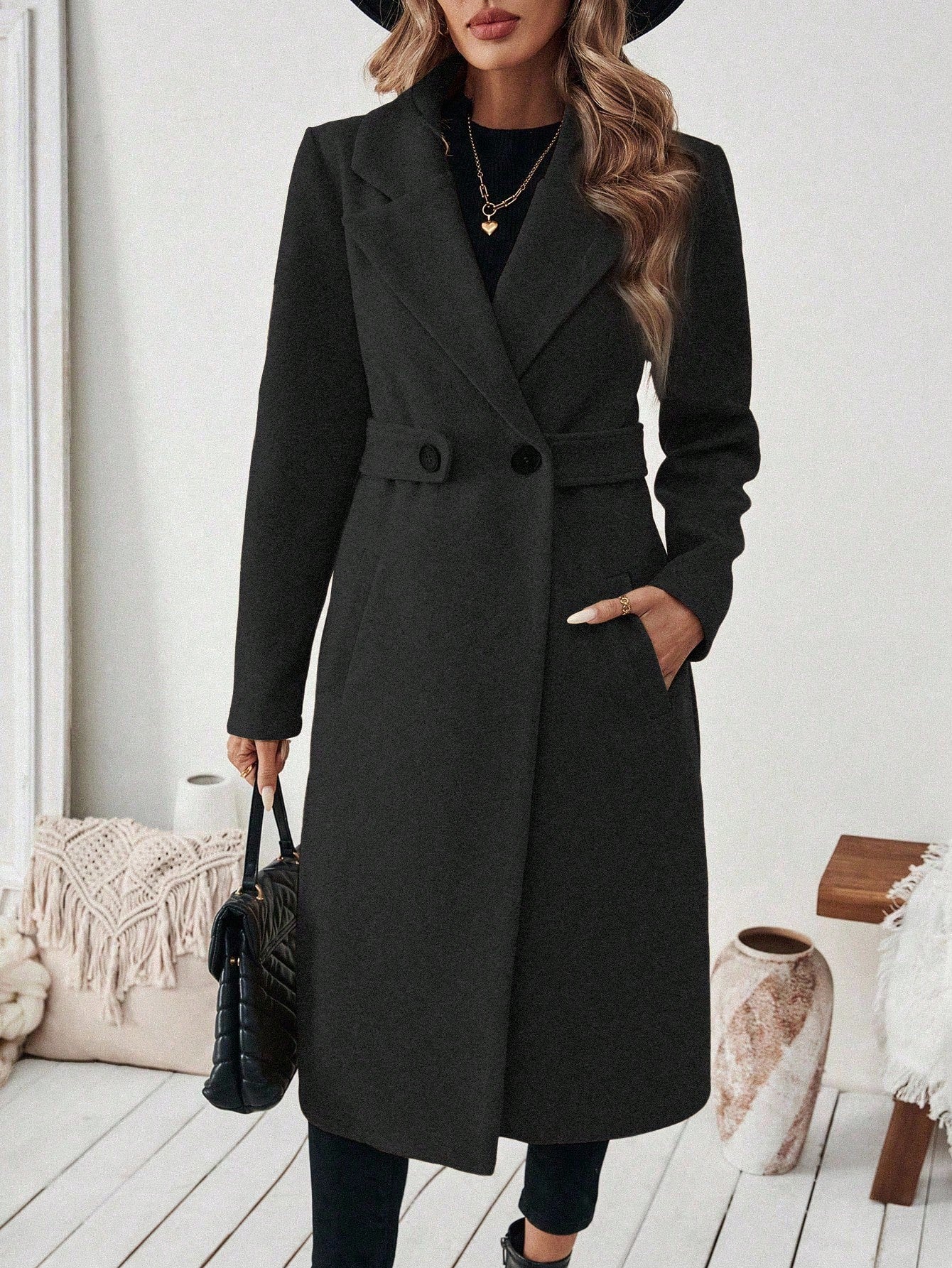 EMERY ROSE Women's Casual Commute Daily Simple Solid Color Lapel Collar Slant Pocket Double-Breasted Long Overcoat, Autumn/Winter Winter Coat Women