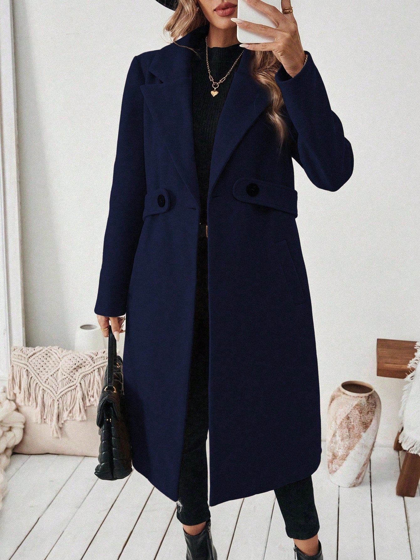 EMERY ROSE Women's Casual Commute Daily Simple Solid Color Lapel Collar Slant Pocket Double-Breasted Long Overcoat, Autumn/Winter Winter Coat Women