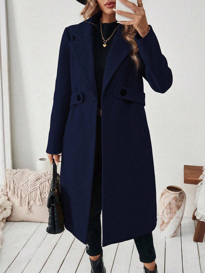 EMERY ROSE Women's Casual Commute Daily Simple Solid Color Lapel Collar Slant Pocket Double-Breasted Long Overcoat, Autumn/Winter Winter Coat Women