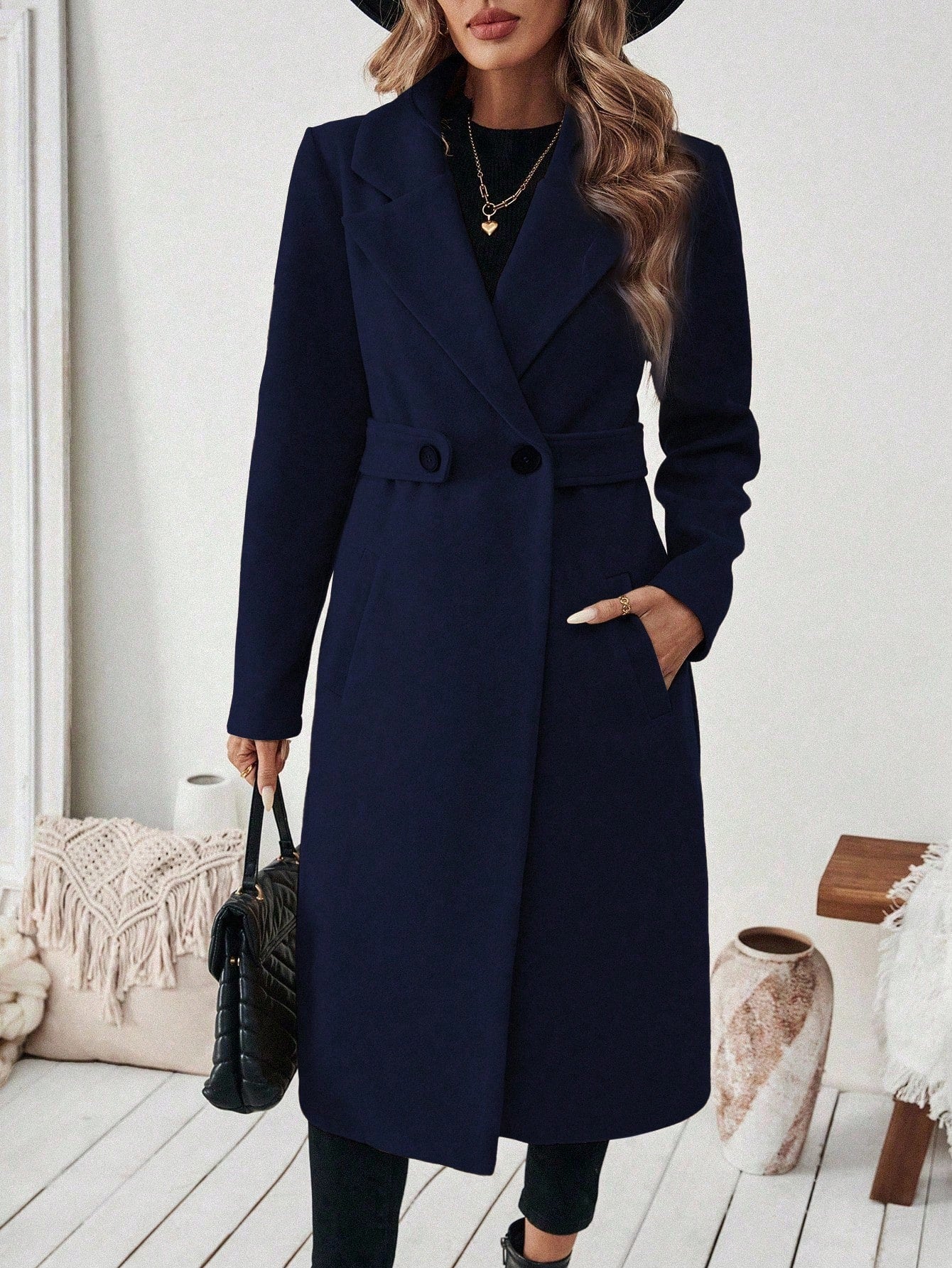 EMERY ROSE Women's Casual Commute Daily Simple Solid Color Lapel Collar Slant Pocket Double-Breasted Long Overcoat, Autumn/Winter Winter Coat Women