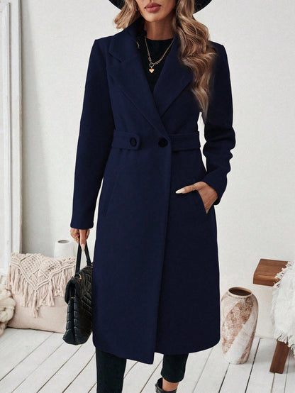 EMERY ROSE Women's Casual Commute Daily Simple Solid Color Lapel Collar Slant Pocket Double-Breasted Long Overcoat, Autumn/Winter Winter Coat Women