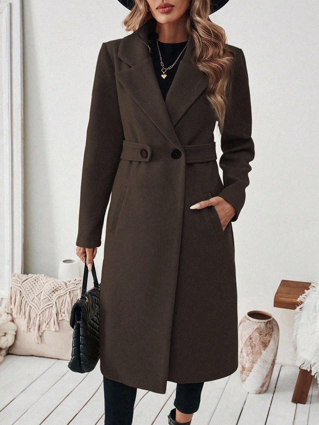 EMERY ROSE Women's Casual Commute Daily Simple Solid Color Lapel Collar Slant Pocket Double-Breasted Long Overcoat, Autumn/Winter Winter Coat Women