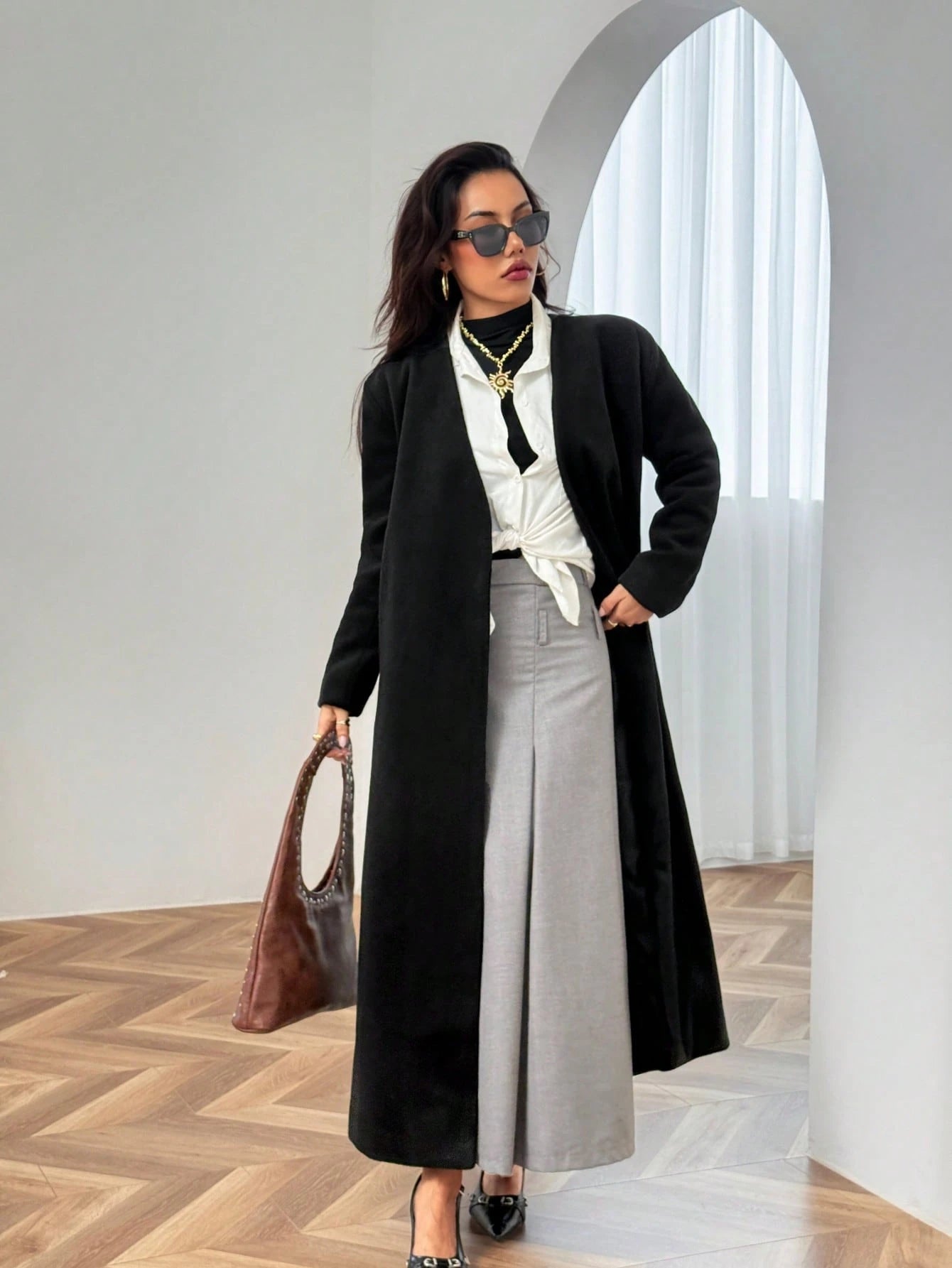 Minimalist Commuter Style Collarless Long Coat For Women, High-Quality Draping Winter Jacket