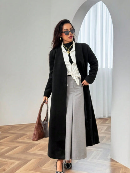Minimalist Commuter Style Collarless Long Coat For Women, High-Quality Draping Winter Jacket