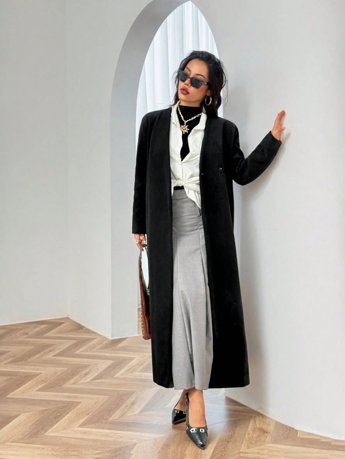 Minimalist Commuter Style Collarless Long Coat For Women, High-Quality Draping Winter Jacket