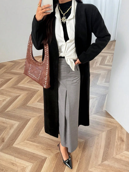 Minimalist Commuter Style Collarless Long Coat For Women, High-Quality Draping Winter Jacket