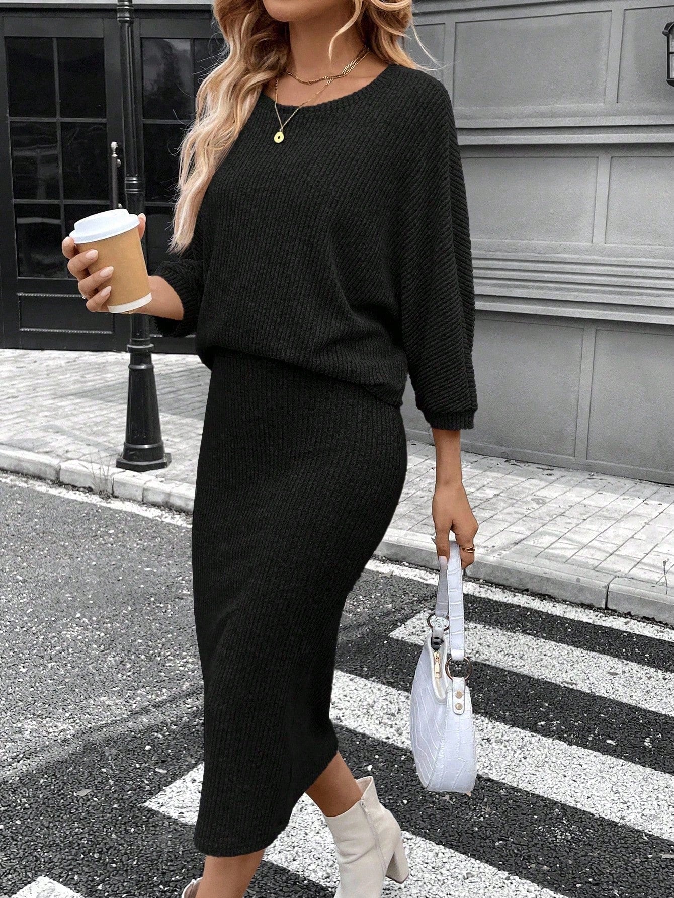 SHEIN LUNE Women's Batwing Sleeve Round Neck T-Shirt And Textured Midi Bodycon Skirt 2 Pieces Set, Casual Commute Elegant Outfit For Autumn/Winter