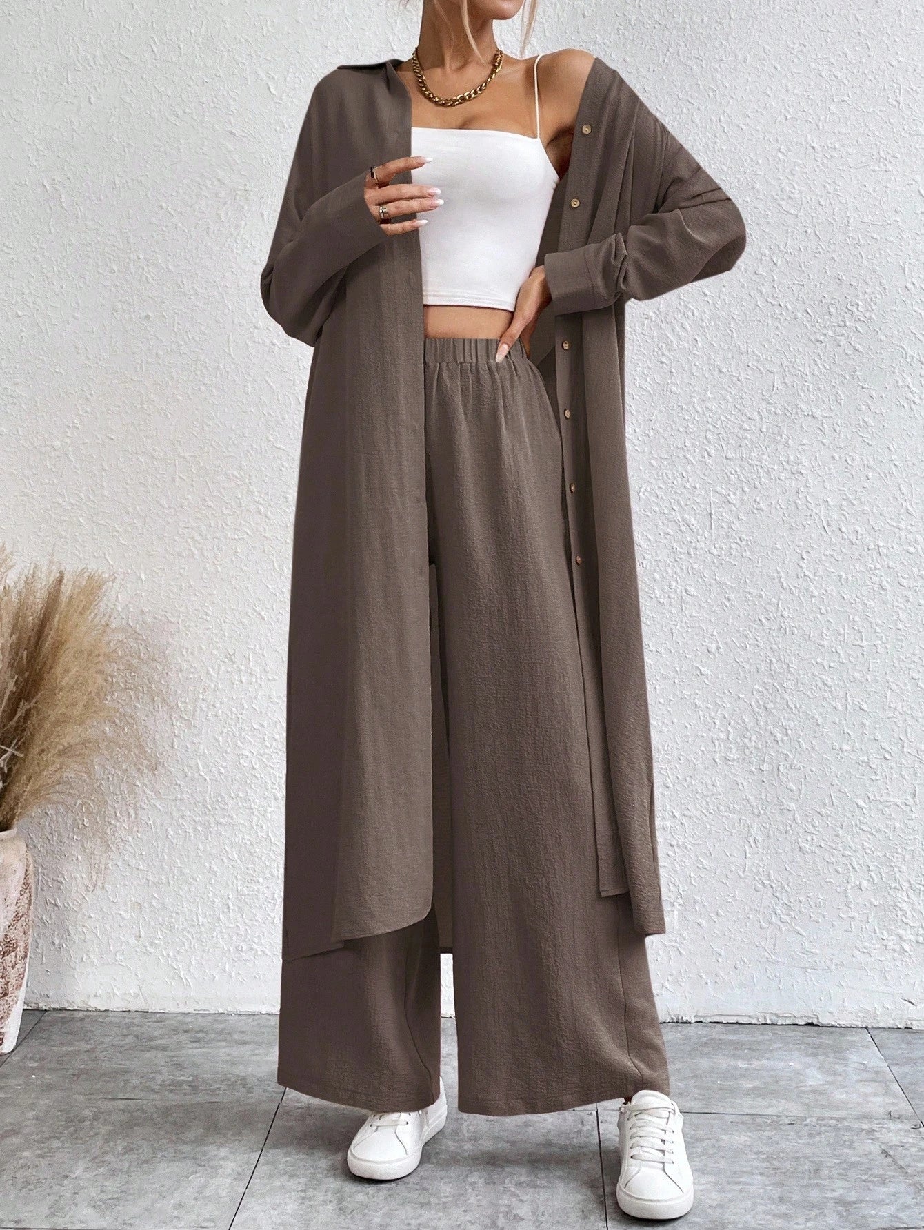 SHEIN LUNE Solid Color Drop Shoulder Long Shirt And Wide Leg Pants Two-Piece Set