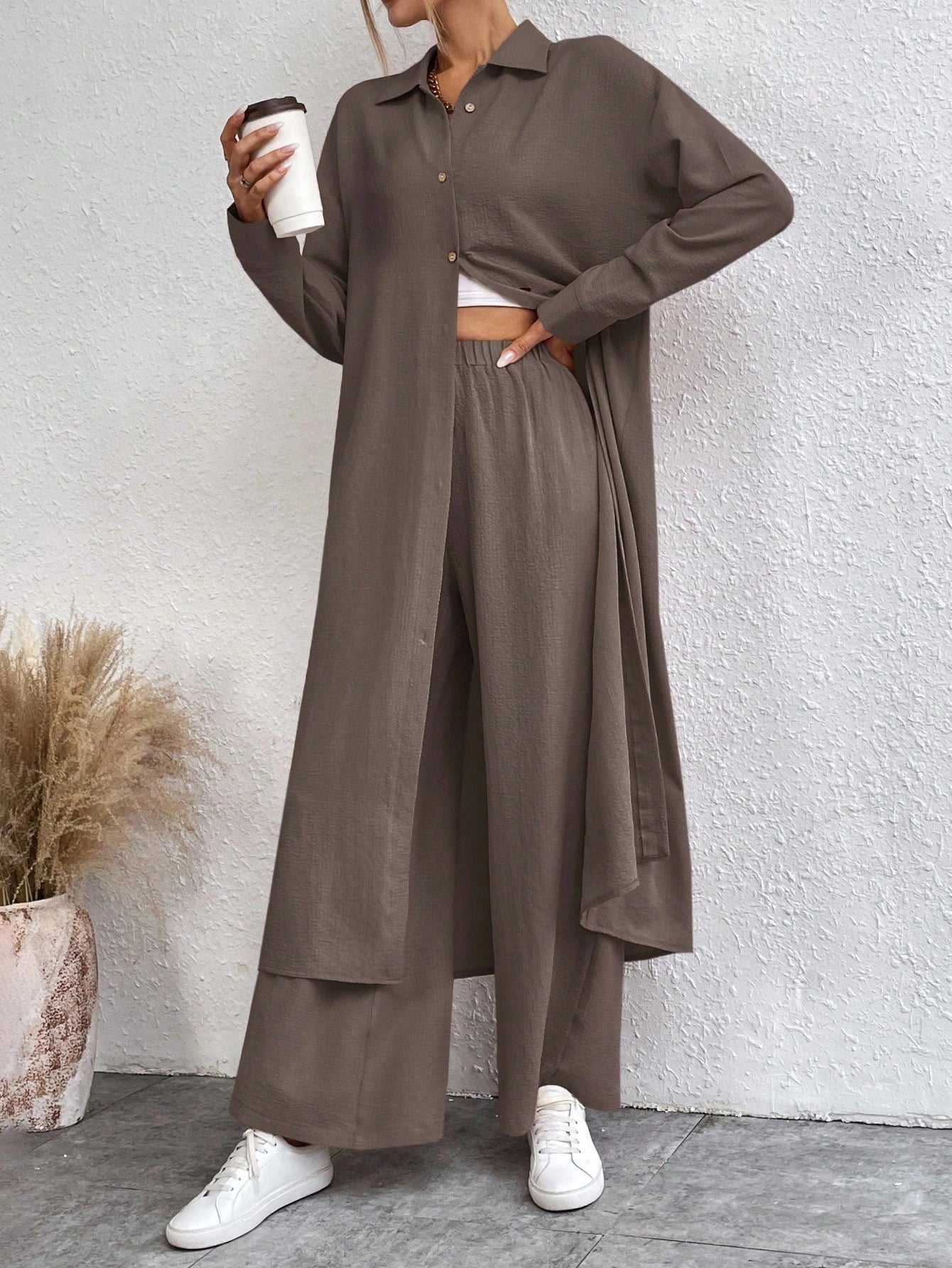 SHEIN LUNE Solid Color Drop Shoulder Long Shirt And Wide Leg Pants Two-Piece Set