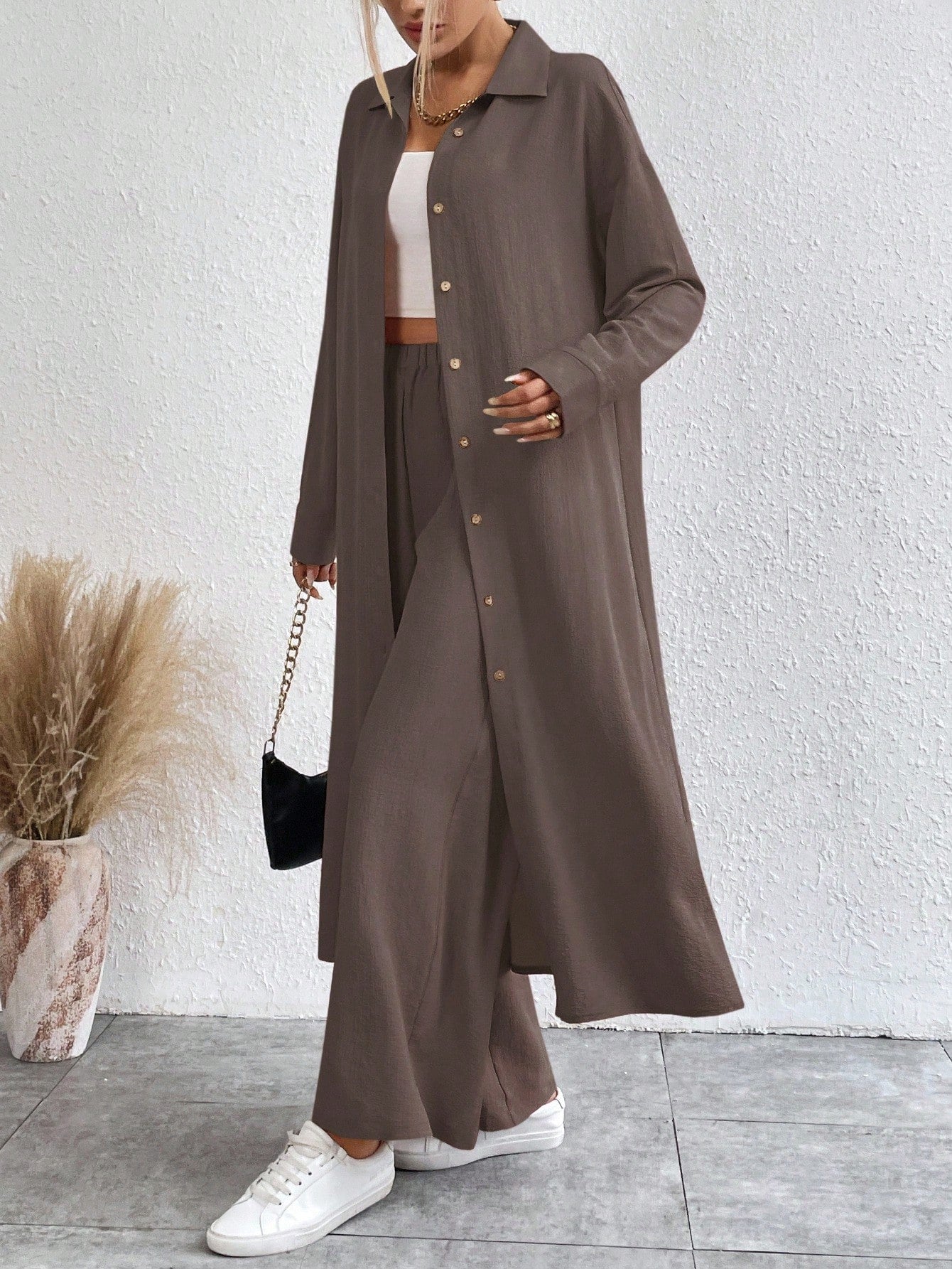 SHEIN LUNE Solid Color Drop Shoulder Long Shirt And Wide Leg Pants Two-Piece Set